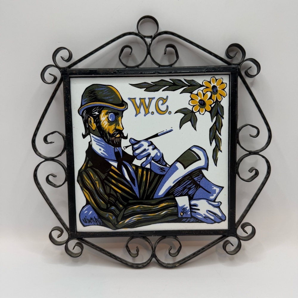 Gentelmen’s WC Toilet Bathroom Hand Painted Ceramic Tile Metal Framed Wall Sign